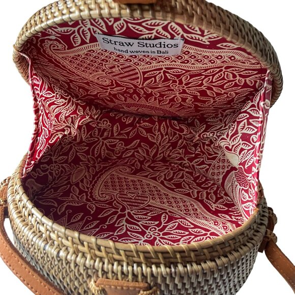 Straw Studios Hand Woven Circular Round Shoulder Crossbody Bag Women's Brown - Picture 7 of 9